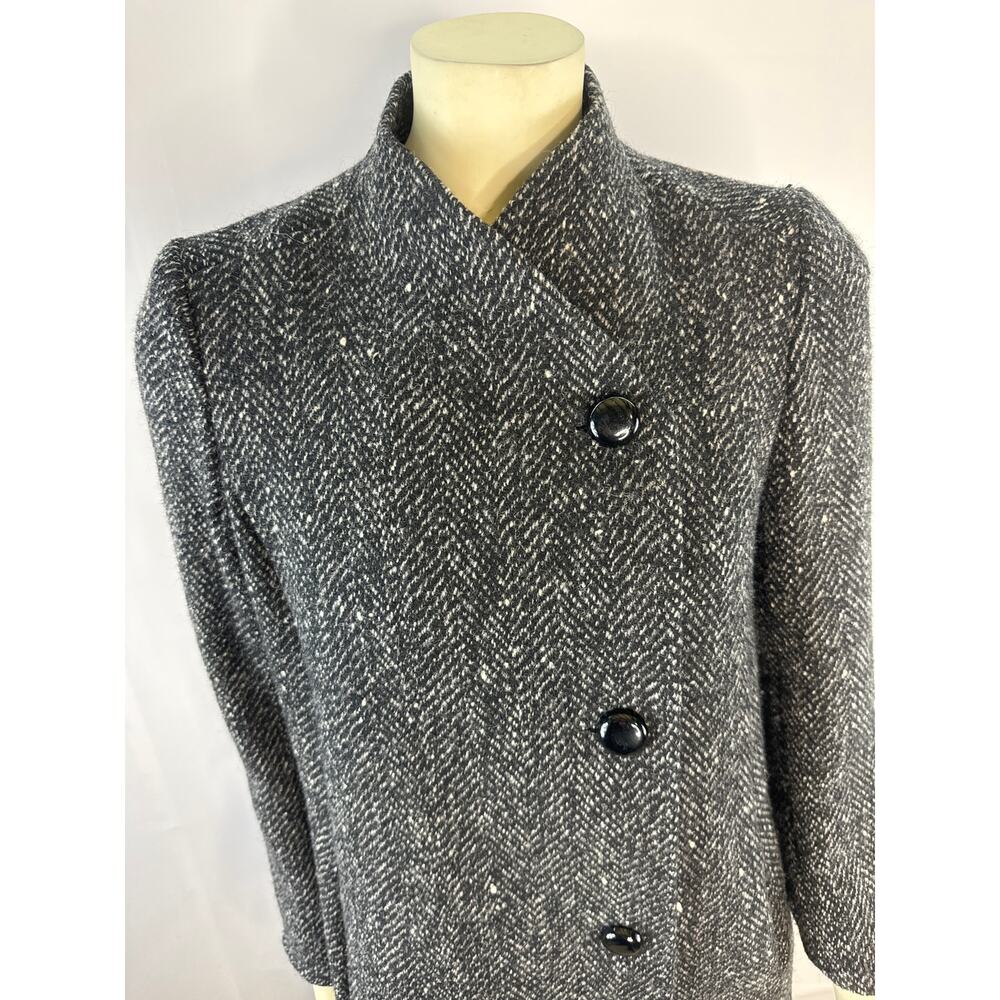 Larry Levine 90s Herringbone Wool Coat Petite Black Cream USA Made Small petite - Picture 4 of 13